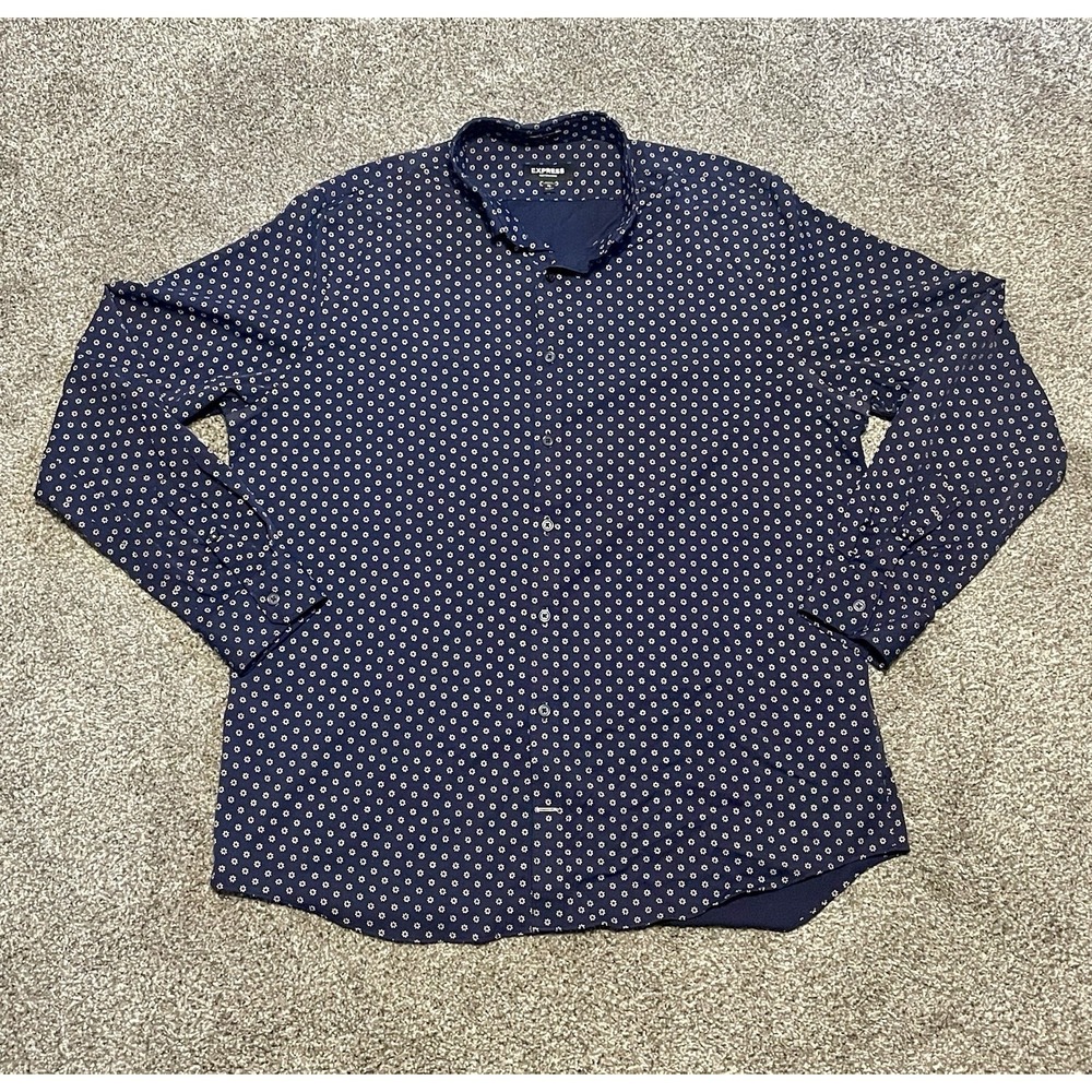 Express Performance Mens XL Button Up Long Sleeve Shirt Navy Floral‎ Printed